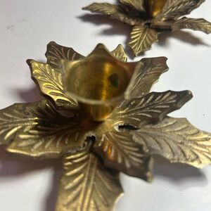 Vintage Solid Brass Poinsetta Candlestick Holders-Pair-Mid Century Modern